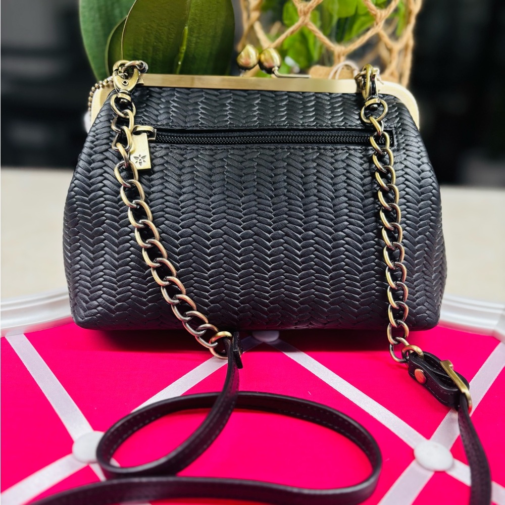 ANNA by ANUSCHKA Black Leather Woven Chain Strap Crossbody Bag. NWT